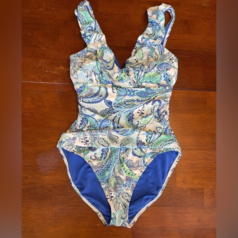 Lauren Ralph Lauren Blue Green Paisley Ruffle Underwire One Piece Swimsuit 6